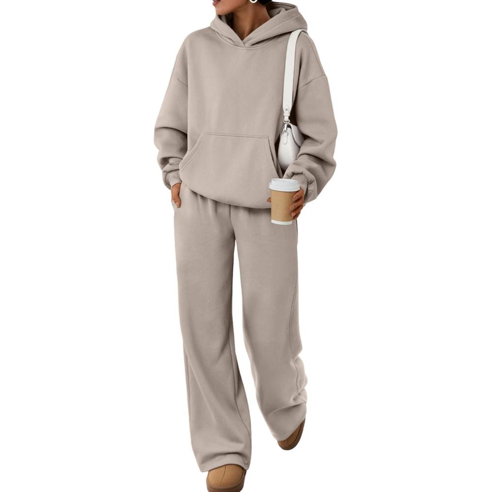 imageTrendy Queen 2 Piece Lounge Sweat Sets Plus Size Fall Fashion Matching Sweatsuits Wide Leg Pants Travel Outfit Winter ClothesCoffeegrey