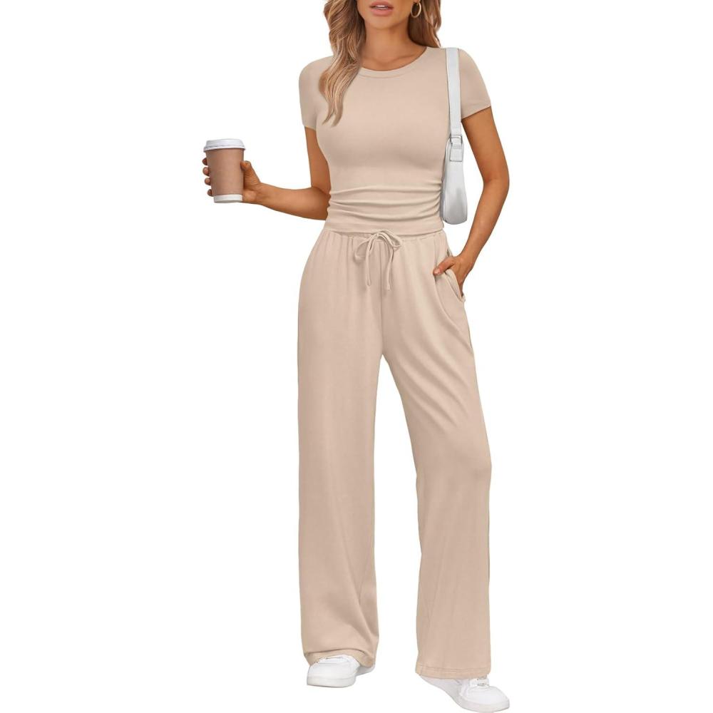 imageTrendy Queen 2 Piece Matching Summer Sweatsuit Lounge Set Womens Wide Leg Pants Side Ruching Crop Top SetsAlmond