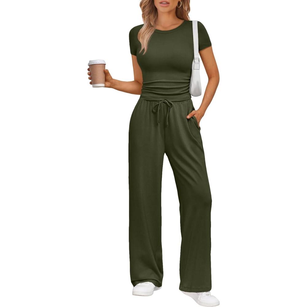 imageTrendy Queen 2 Piece Matching Summer Sweatsuit Lounge Set Womens Wide Leg Pants Side Ruching Crop Top SetsArmy Green
