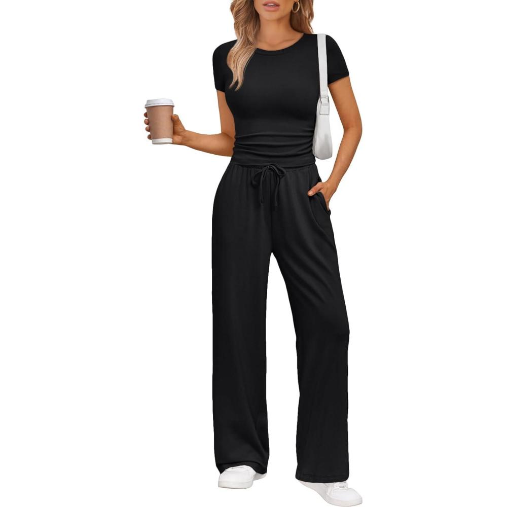 imageTrendy Queen 2 Piece Matching Summer Sweatsuit Lounge Set Womens Wide Leg Pants Side Ruching Crop Top SetsBlack