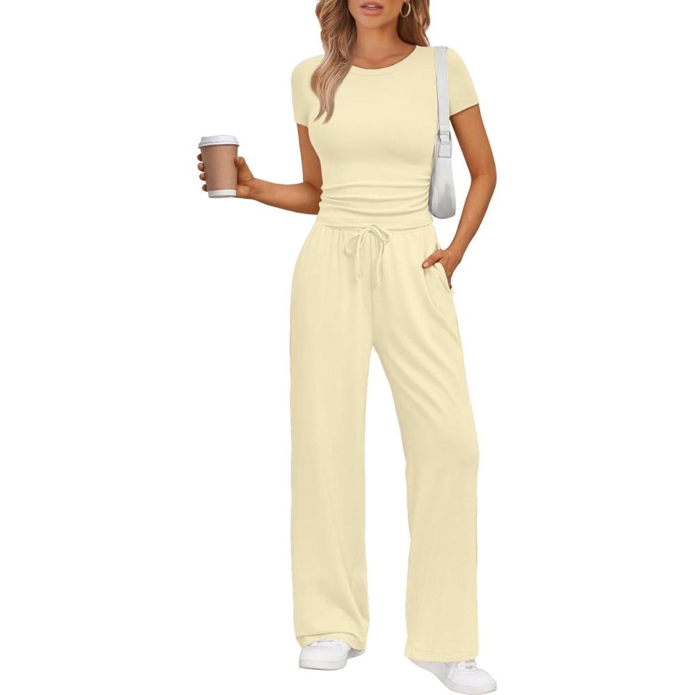 imageTrendy Queen 2 Piece Matching Summer Sweatsuit Lounge Set Womens Wide Leg Pants Side Ruching Crop Top SetsCreamy Yellow