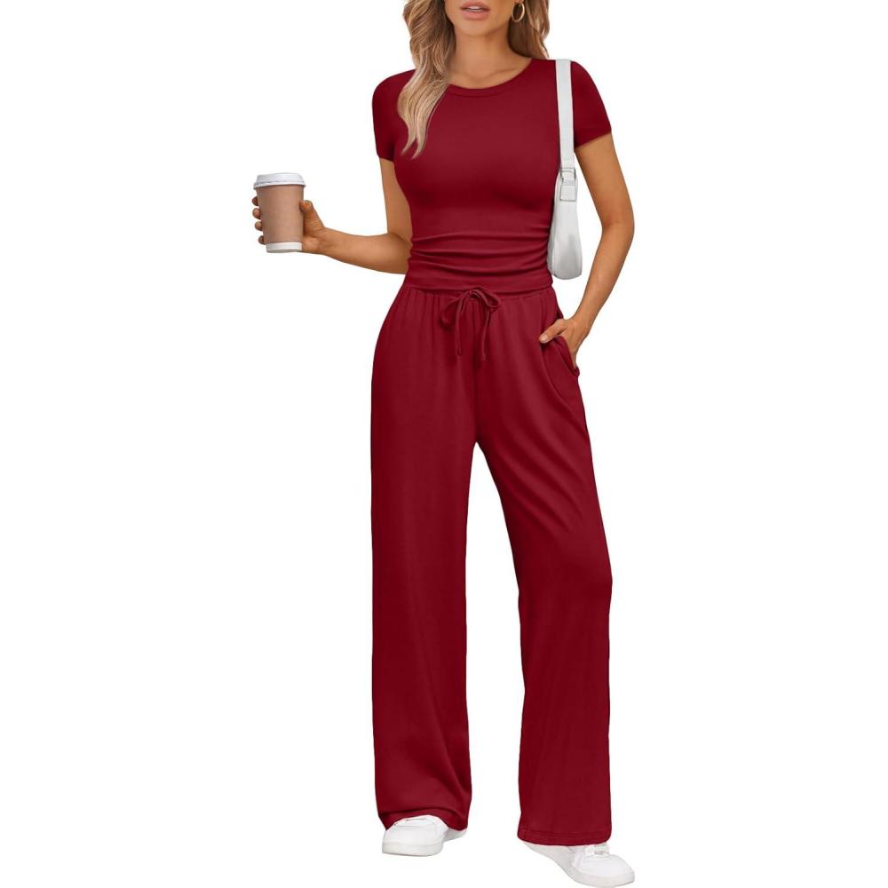imageTrendy Queen 2 Piece Matching Summer Sweatsuit Lounge Set Womens Wide Leg Pants Side Ruching Crop Top SetsRed