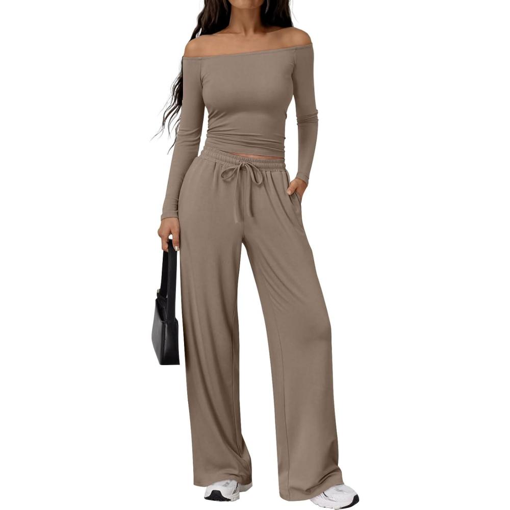 imageTrendy Queen 2 Piece Off Shoulder Lounge Set Womens Wide Leg Pants Side Ruching Slightly Crop Top SetsMocha