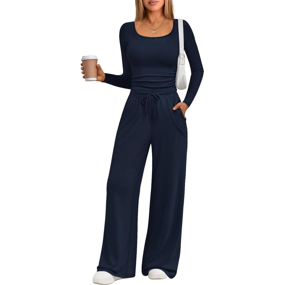 imageTrendy Queen 2 Piece Scoop Neck Lounge Set Womens Wide Leg Pants Side Ruching Slightly Crop Top Sweatsuit Sets With PocketsNavy