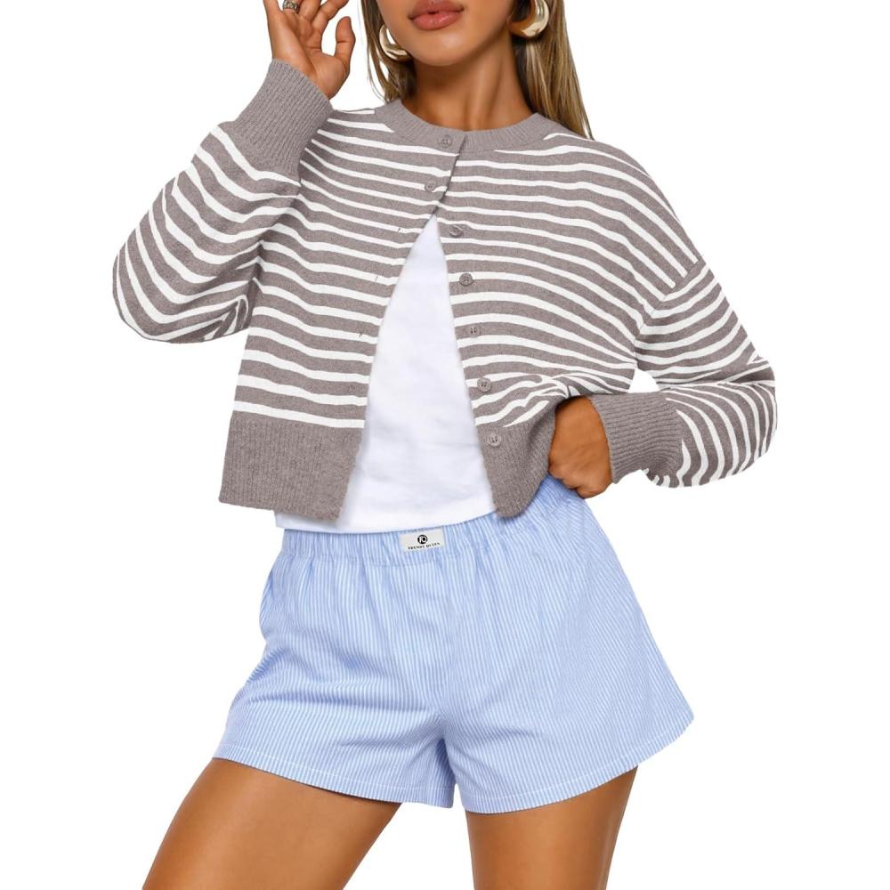 imageTrendy Queen Cropped Cardigan Sweaters for Women Lightweight Crop Knit Y2k Fall Outfits Fashion Clothes 2025Camel White