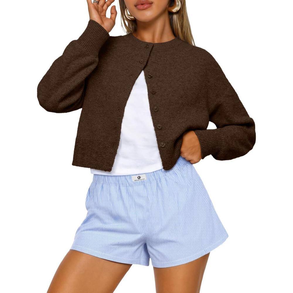imageTrendy Queen Cropped Cardigan Sweaters for Women Lightweight Crop Knit Y2k Fall Outfits Fashion Clothes 2025Chocolate Brown
