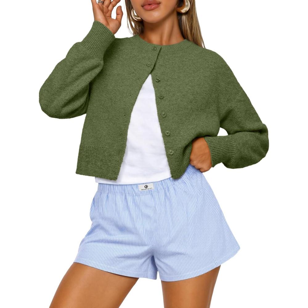 imageTrendy Queen Cropped Cardigan Sweaters for Women Lightweight Crop Knit Y2k Fall Outfits Fashion Clothes 2025Green