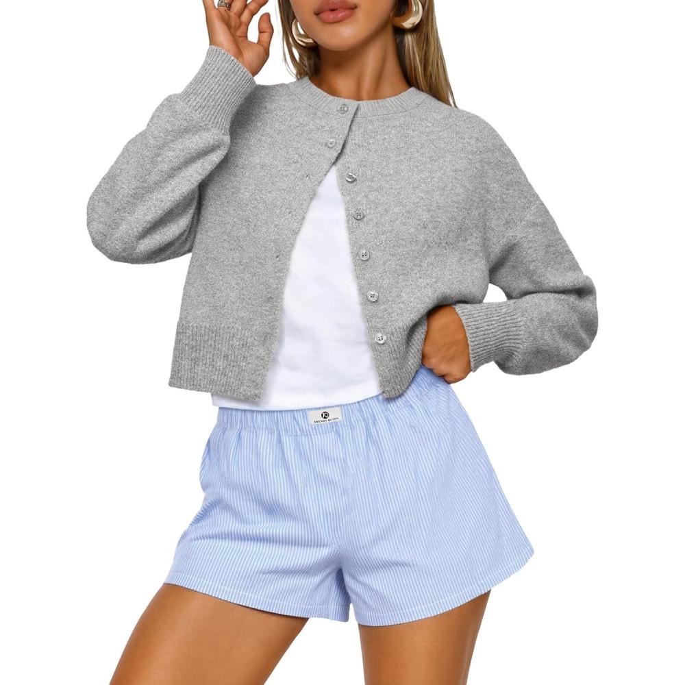 imageTrendy Queen Cropped Cardigan Sweaters for Women Lightweight Crop Knit Y2k Fall Outfits Fashion Clothes 2025Grey Melange