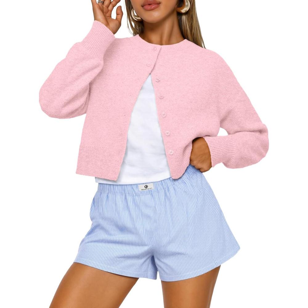 imageTrendy Queen Cropped Cardigan Sweaters for Women Lightweight Crop Knit Y2k Fall Outfits Fashion Clothes 2025Light Pink
