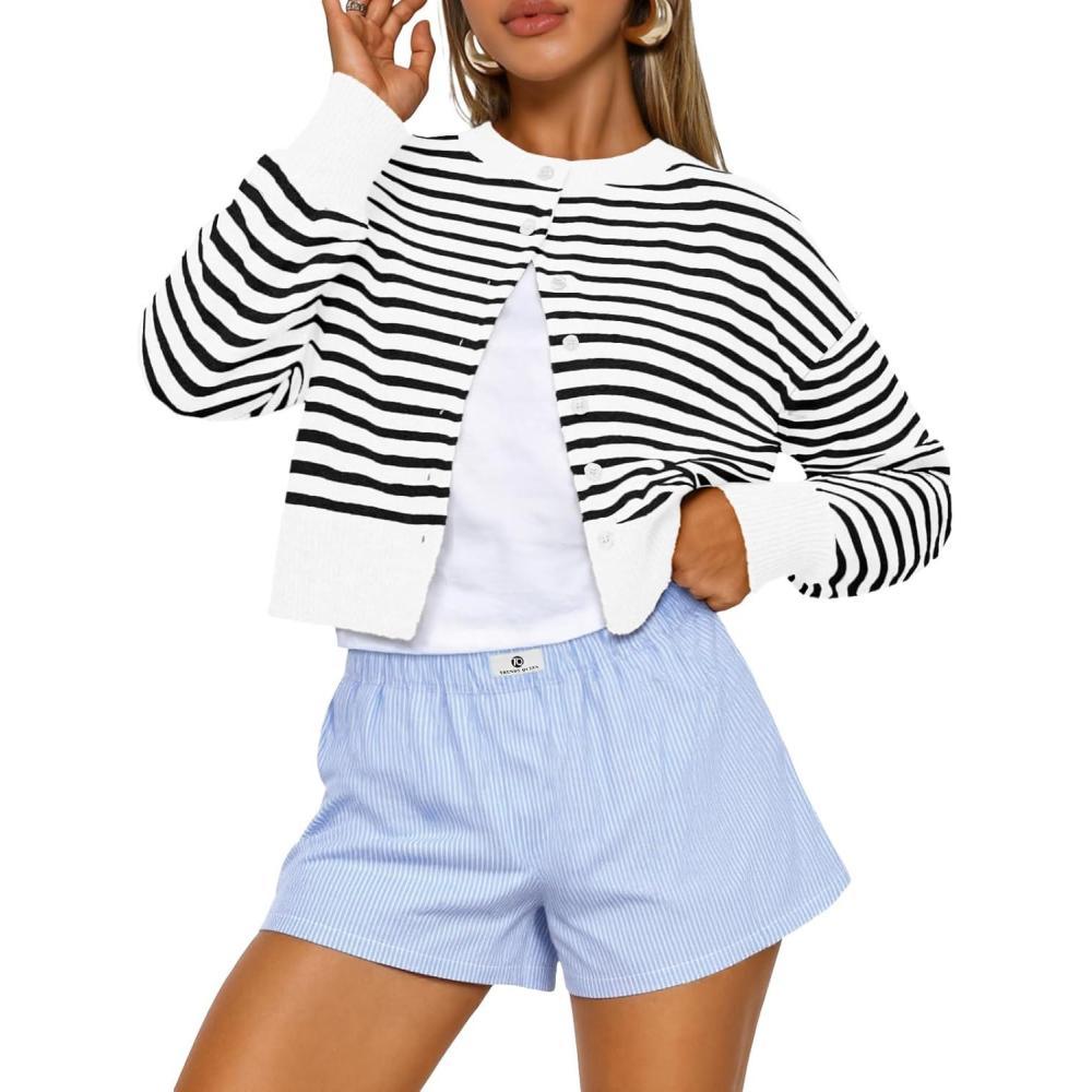 imageTrendy Queen Cropped Cardigan Sweaters for Women Lightweight Crop Knit Y2k Fall Outfits Fashion Clothes 2025White Black