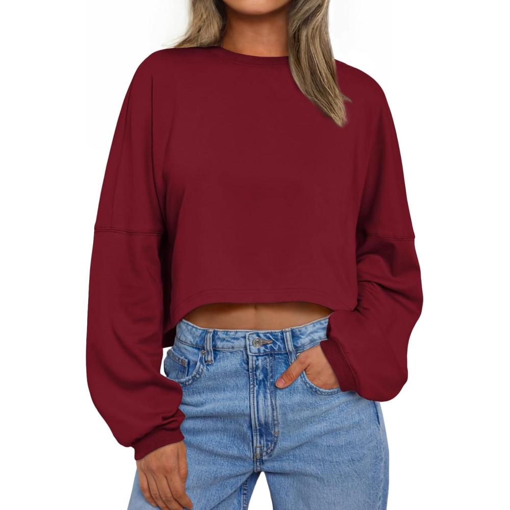 imageTrendy Queen Cropped Sweatshirts for Women Oversized Crewneck Sweaters Long Sleeve Tops Fall Winter Clothes 2025Burgundy