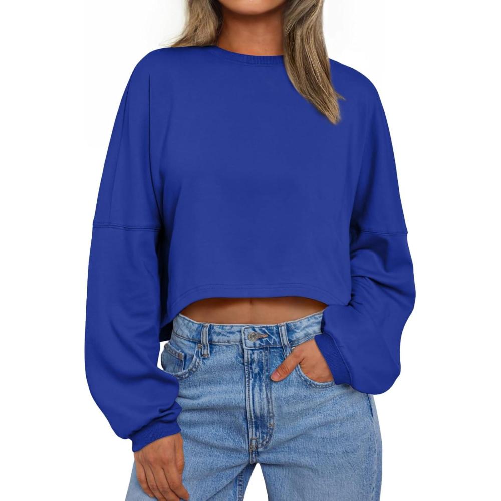 imageTrendy Queen Cropped Sweatshirts for Women Oversized Crewneck Sweaters Long Sleeve Tops Fall Winter Clothes 2025Darkblue