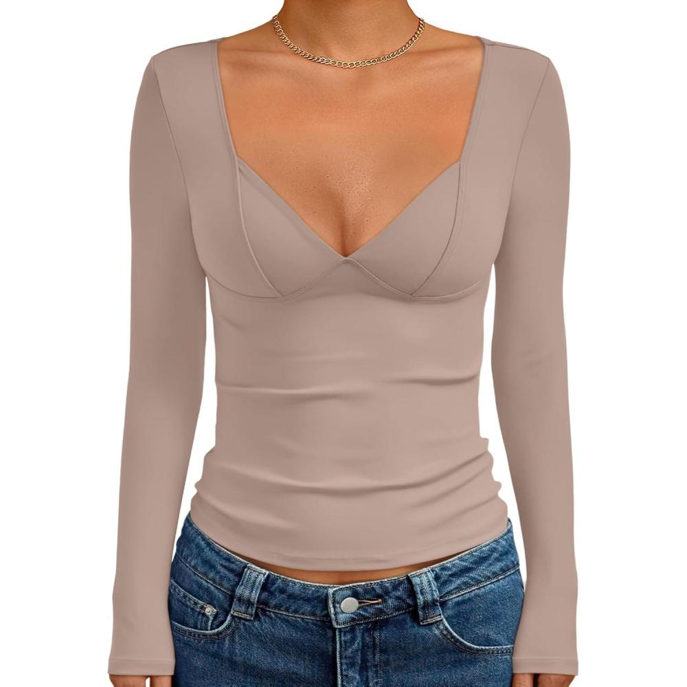 imageTrendy Queen Going Out Tops for Women Trendy Long Sleeve Shirts Fashion Clothing V Neck Basic Y2K Clothes Cute Shirt CorsetBeige