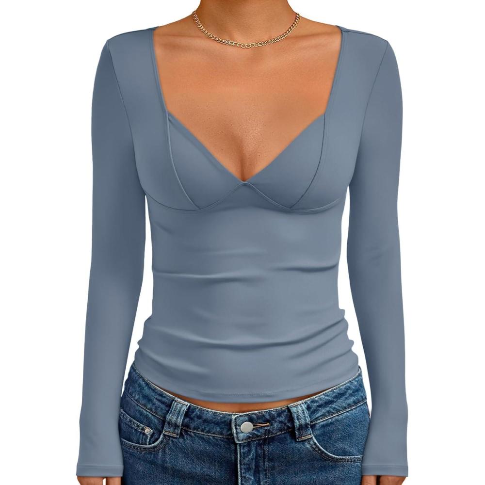 imageTrendy Queen Going Out Tops for Women Trendy Long Sleeve Shirts Fashion Clothing V Neck Basic Y2K Clothes Cute Shirt CorsetHaze Blue