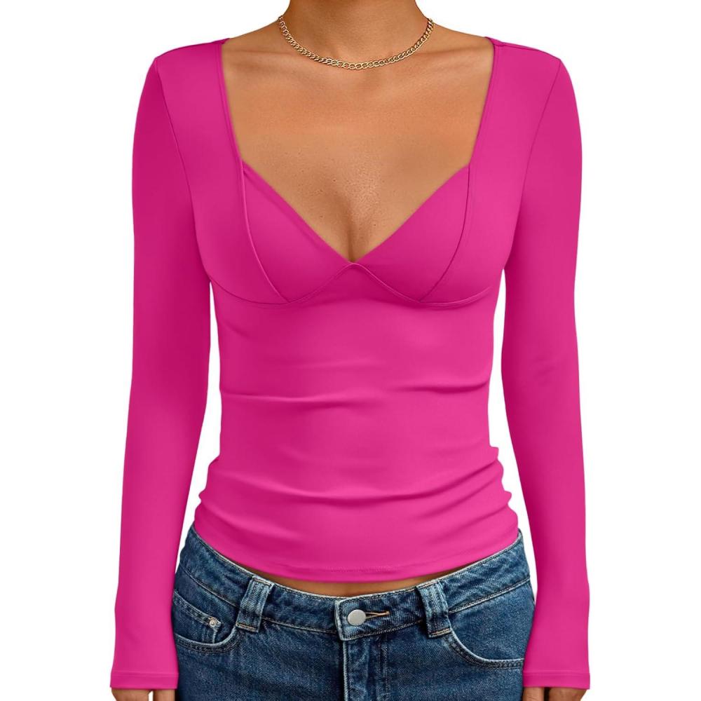 imageTrendy Queen Going Out Tops for Women Trendy Long Sleeve Shirts Fashion Clothing V Neck Basic Y2K Clothes Cute Shirt CorsetHot Pink