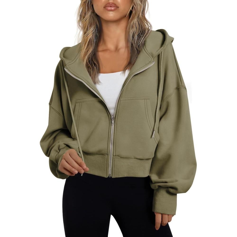 imageTrendy Queen Hoodies for Women Full Zip Up Cropped Sweatshirts Jackets Casual Comfy Gym Tops Fall Outfits Winter Clothes 2025Armygreen