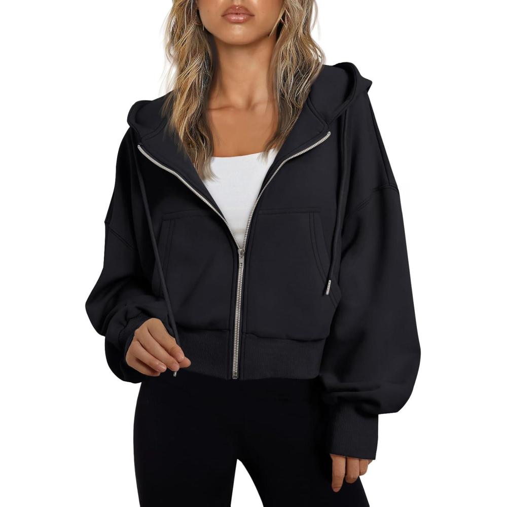 imageTrendy Queen Hoodies for Women Full Zip Up Cropped Sweatshirts Jackets Casual Comfy Gym Tops Fall Outfits Winter Clothes 2025Black