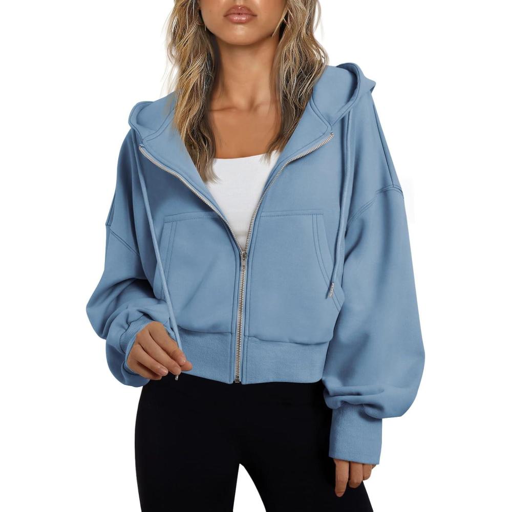 imageTrendy Queen Hoodies for Women Full Zip Up Cropped Sweatshirts Jackets Casual Comfy Gym Tops Fall Outfits Winter Clothes 2025Blue