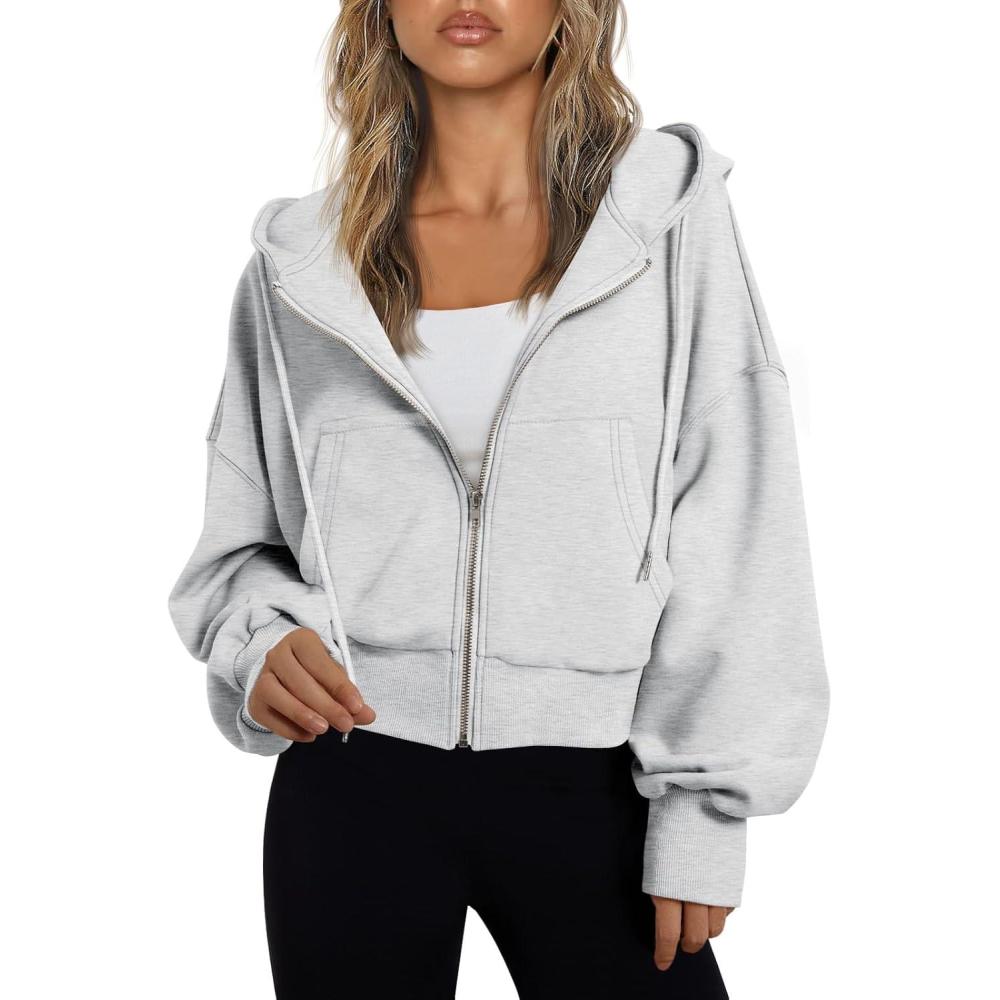 imageTrendy Queen Hoodies for Women Full Zip Up Cropped Sweatshirts Jackets Casual Comfy Gym Tops Fall Outfits Winter Clothes 2025Grey