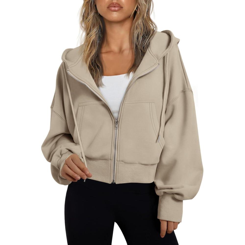 imageTrendy Queen Hoodies for Women Full Zip Up Cropped Sweatshirts Jackets Casual Comfy Gym Tops Fall Outfits Winter Clothes 2025Khaki