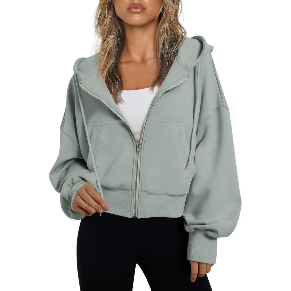 imageTrendy Queen Hoodies for Women Full Zip Up Cropped Sweatshirts Jackets Casual Comfy Gym Tops Fall Outfits Winter Clothes 2025Lightgreen
