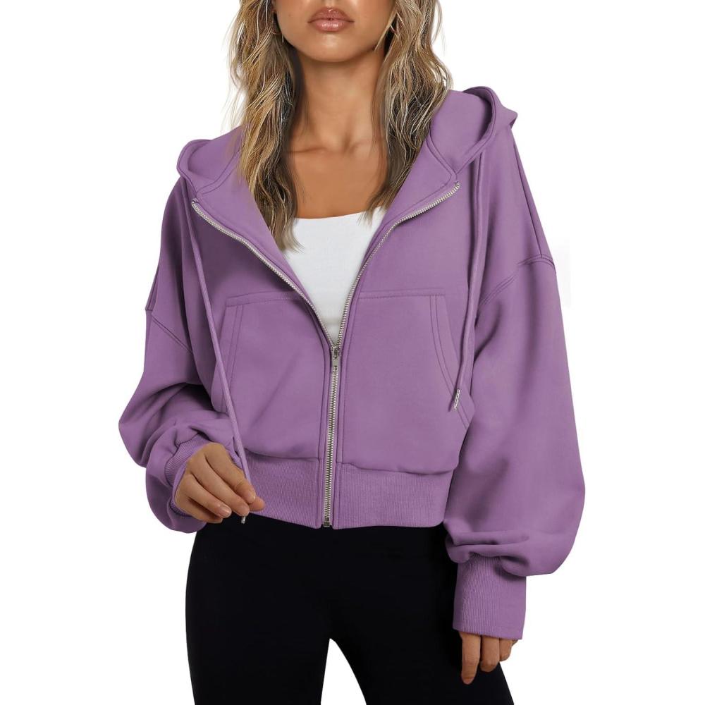 imageTrendy Queen Hoodies for Women Full Zip Up Cropped Sweatshirts Jackets Casual Comfy Gym Tops Fall Outfits Winter Clothes 2025Purple