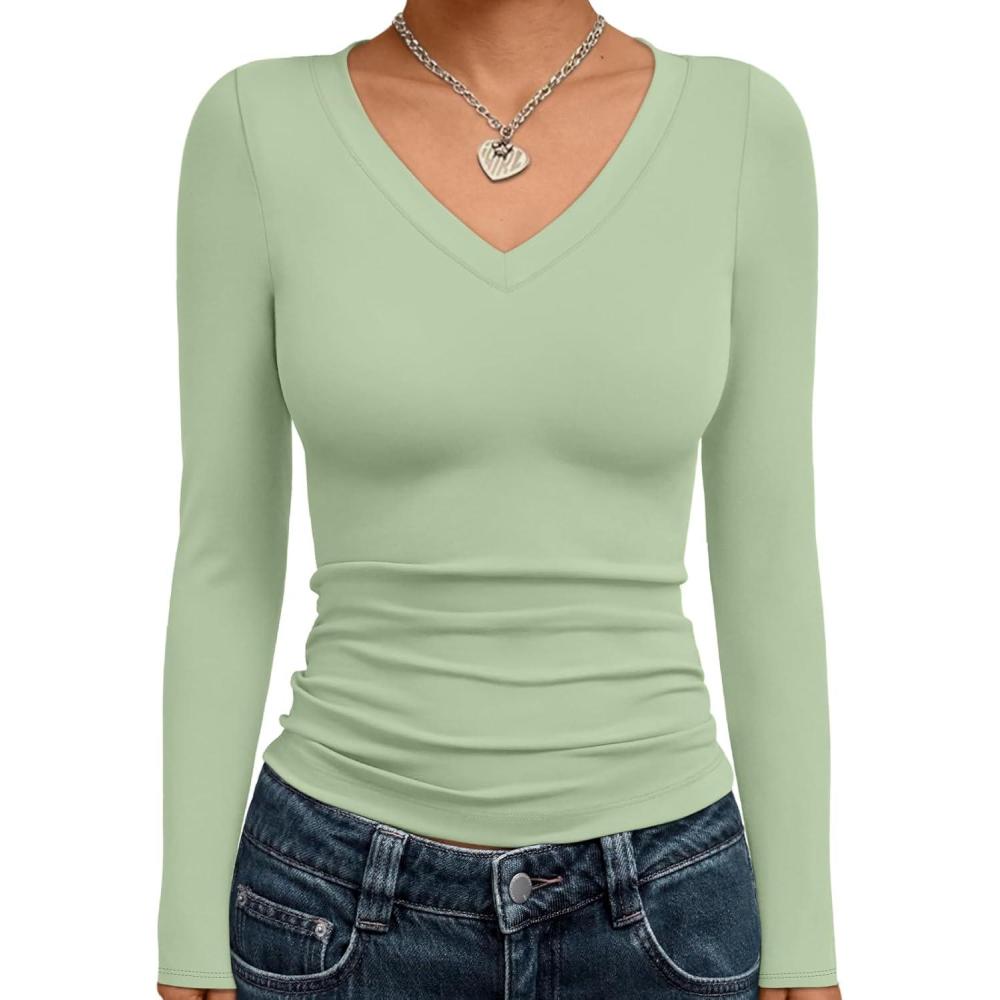 imageTrendy Queen Long Sleeve Shirts for Women 2025 Fall Fashion V Neck Basics Crop Tops Slim Fitted Y2K Tops Outfits ClothesLight Green
