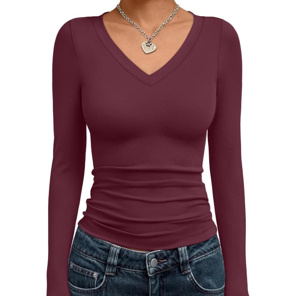 imageTrendy Queen Long Sleeve Shirts for Women 2025 Fall Fashion V Neck Basics Crop Tops Slim Fitted Y2K Tops Outfits ClothesWine Red