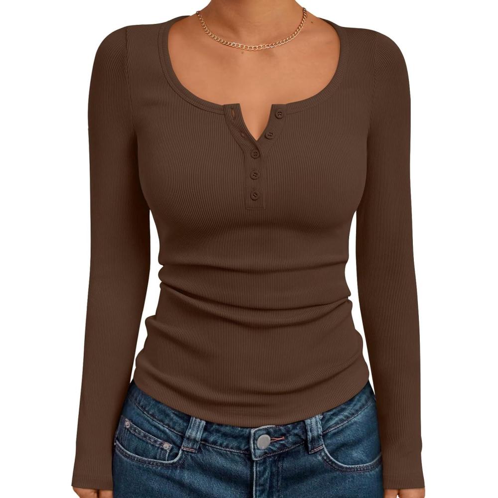 imageTrendy Queen Long Sleeve Shirts for Women Henley Ribbed Fall Tops Dressy Business Casual Teen Girl Winter Cute Basic TeesBrown
