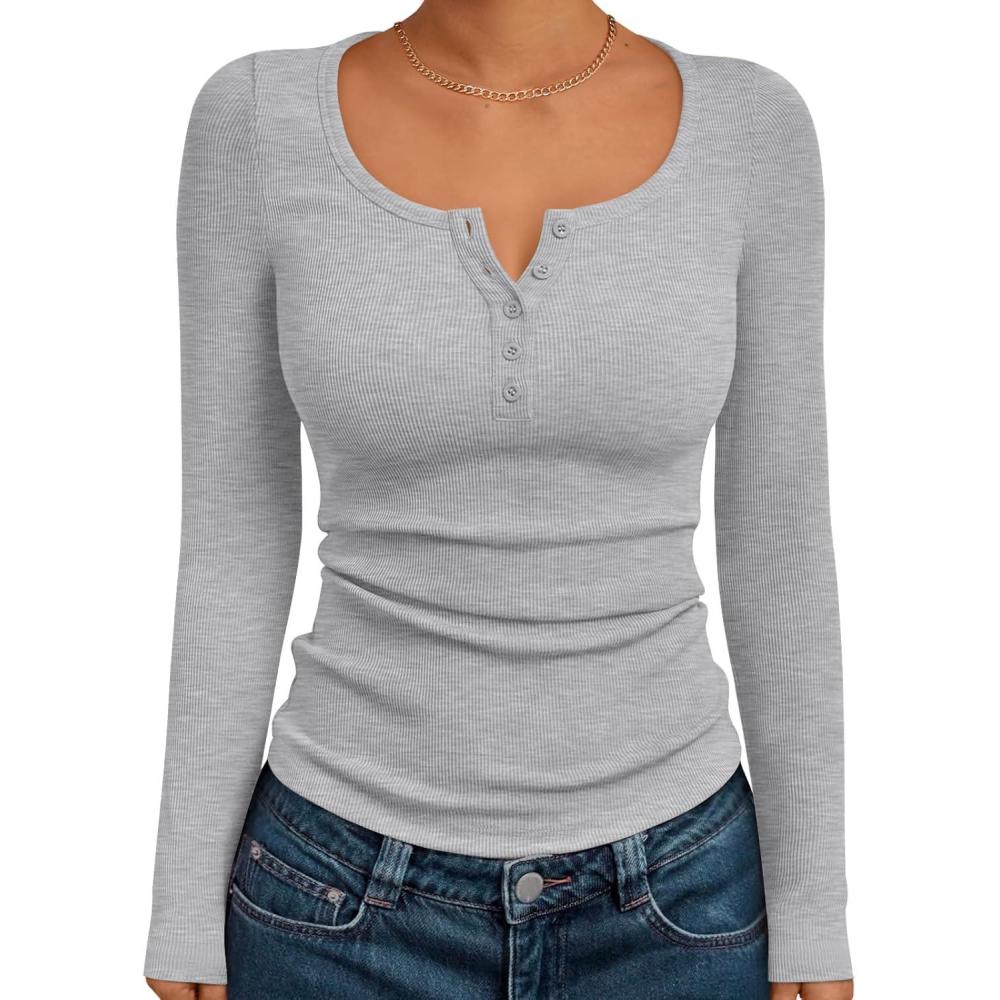imageTrendy Queen Long Sleeve Shirts for Women Henley Ribbed Fall Tops Dressy Business Casual Teen Girl Winter Cute Basic TeesHeather Grey