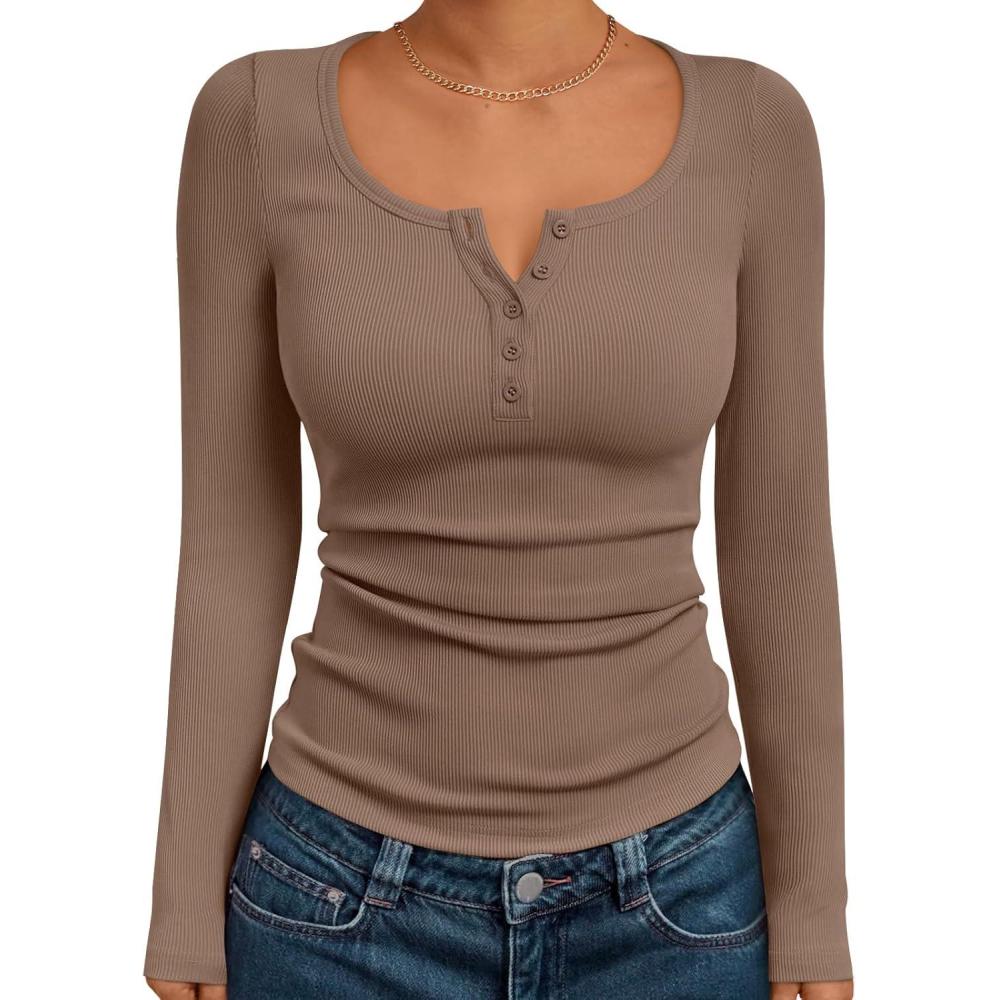 imageTrendy Queen Long Sleeve Shirts for Women Henley Ribbed Fall Tops Dressy Business Casual Teen Girl Winter Cute Basic TeesKhaki