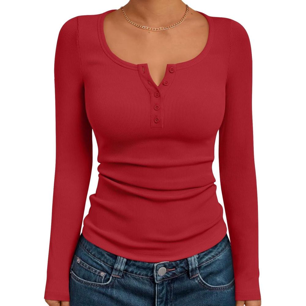 imageTrendy Queen Long Sleeve Shirts for Women Henley Ribbed Fall Tops Dressy Business Casual Teen Girl Winter Cute Basic TeesRed
