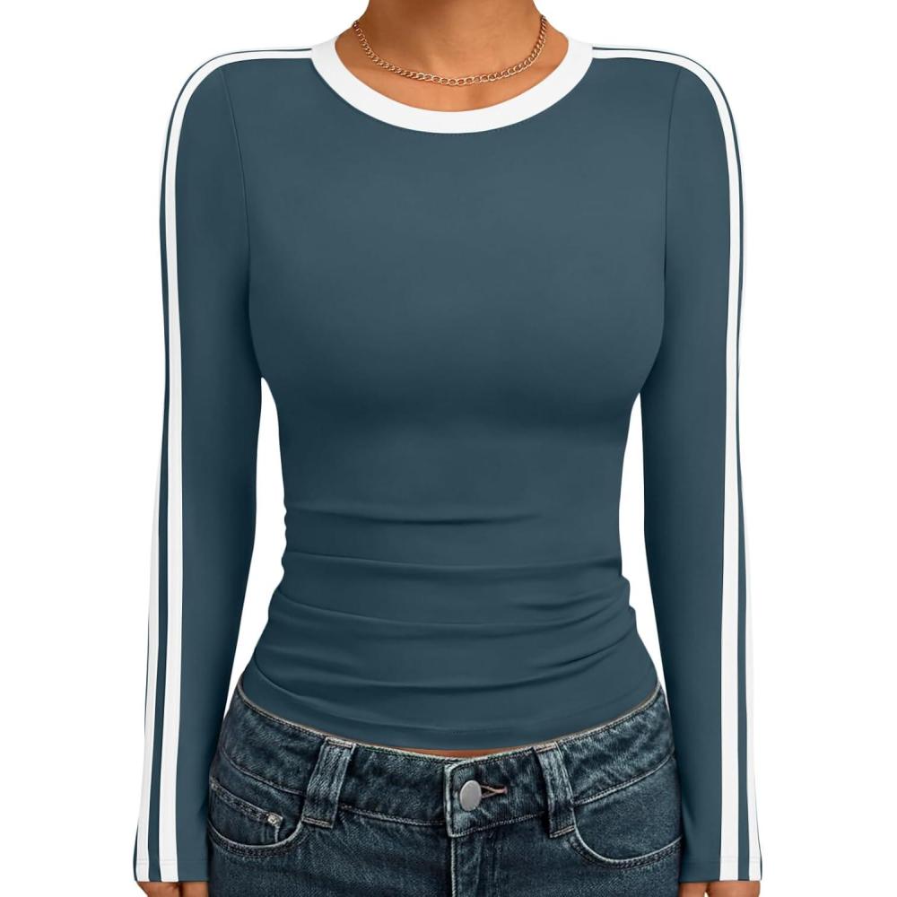 imageTrendy Queen Long Sleeve Workout Tops for Women Y2K Fitted Athletic Gym Shirt Trendy Color Block 2025 Fall OutfitsHaze Blue