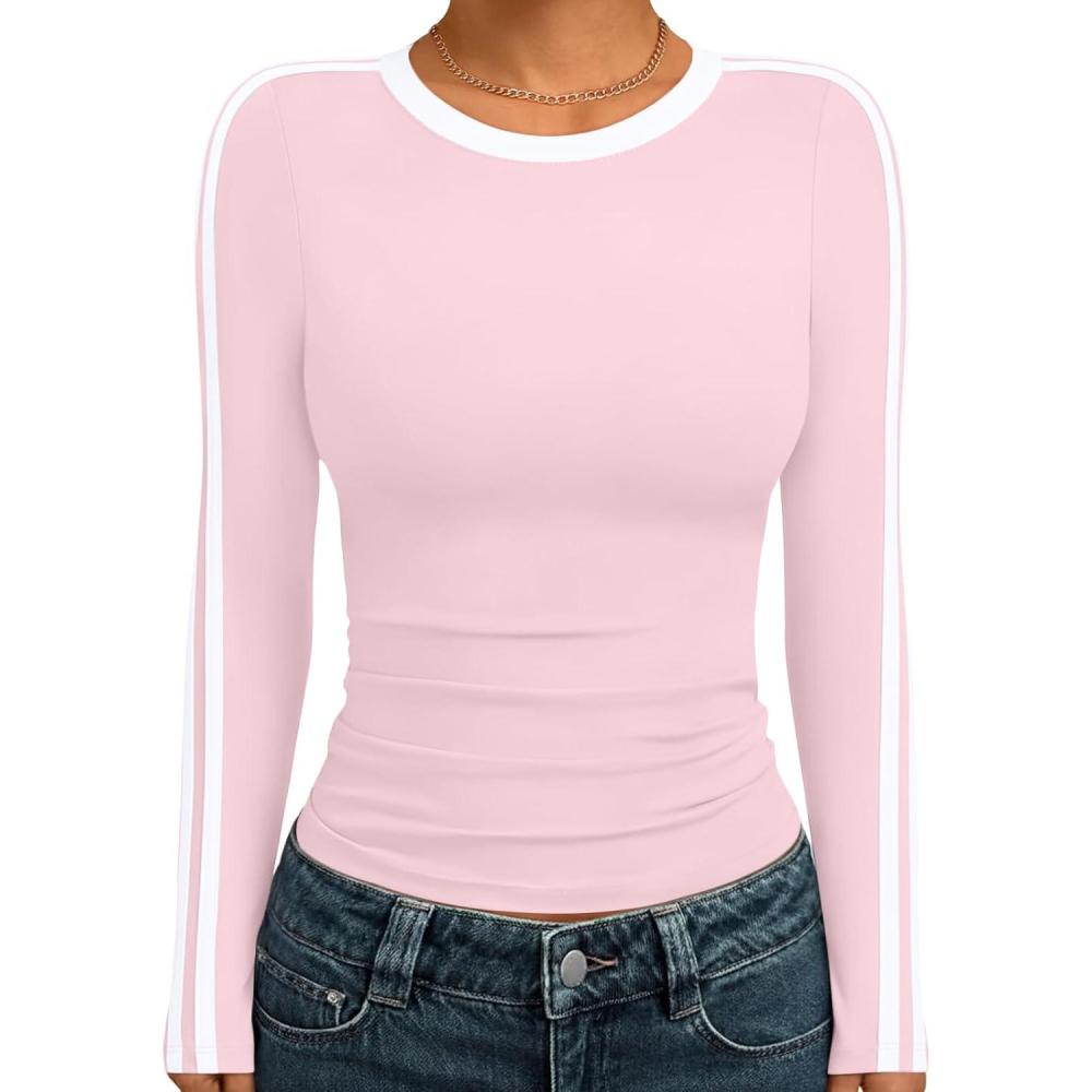 imageTrendy Queen Long Sleeve Workout Tops for Women Y2K Fitted Athletic Gym Shirt Trendy Color Block 2025 Fall OutfitsPink