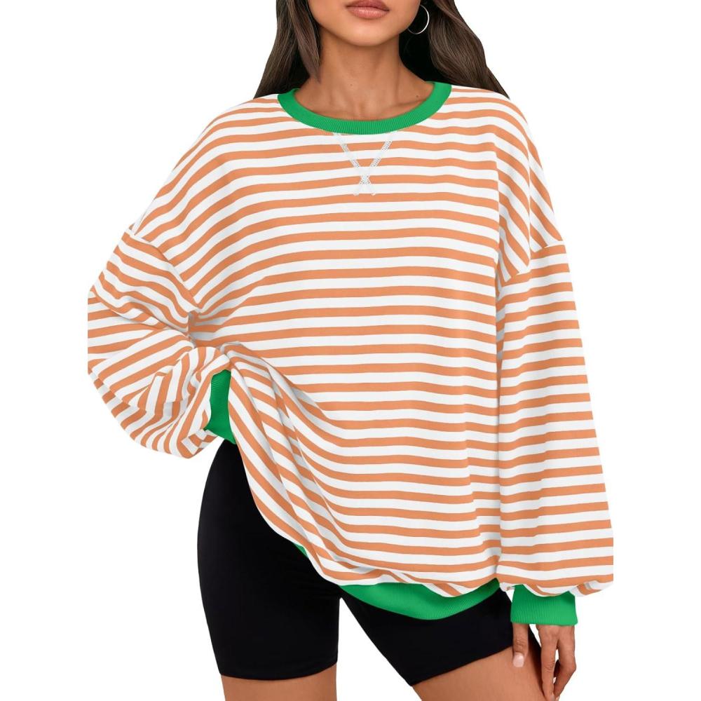 imageTrendy Queen Oversized Sweatshirt for Women 2025 Fall Crewneck Striped Long Sleeve Shirts Hoodies Cute Top Y2K OutfitsOrangewhite
