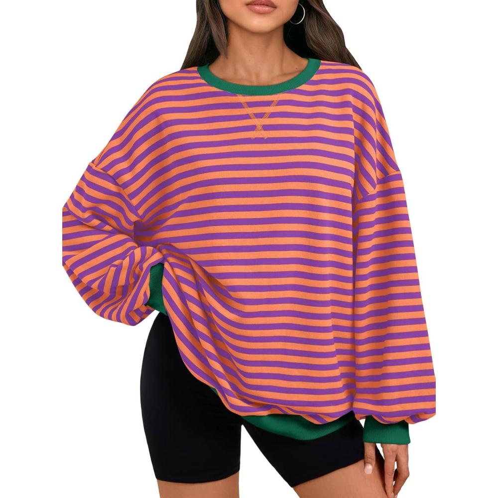 imageTrendy Queen Oversized Sweatshirt for Women 2025 Fall Crewneck Striped Long Sleeve Shirts Hoodies Cute Top Y2K OutfitsPurpleyellow