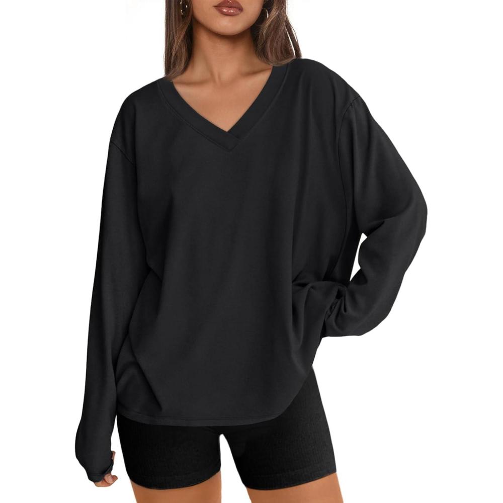 imageTrendy Queen Oversized Tshirts for Women Workout Plus Size Gym Tops V Neck Long Sleeve T Shirts Spring Casual Basic TeesBlack