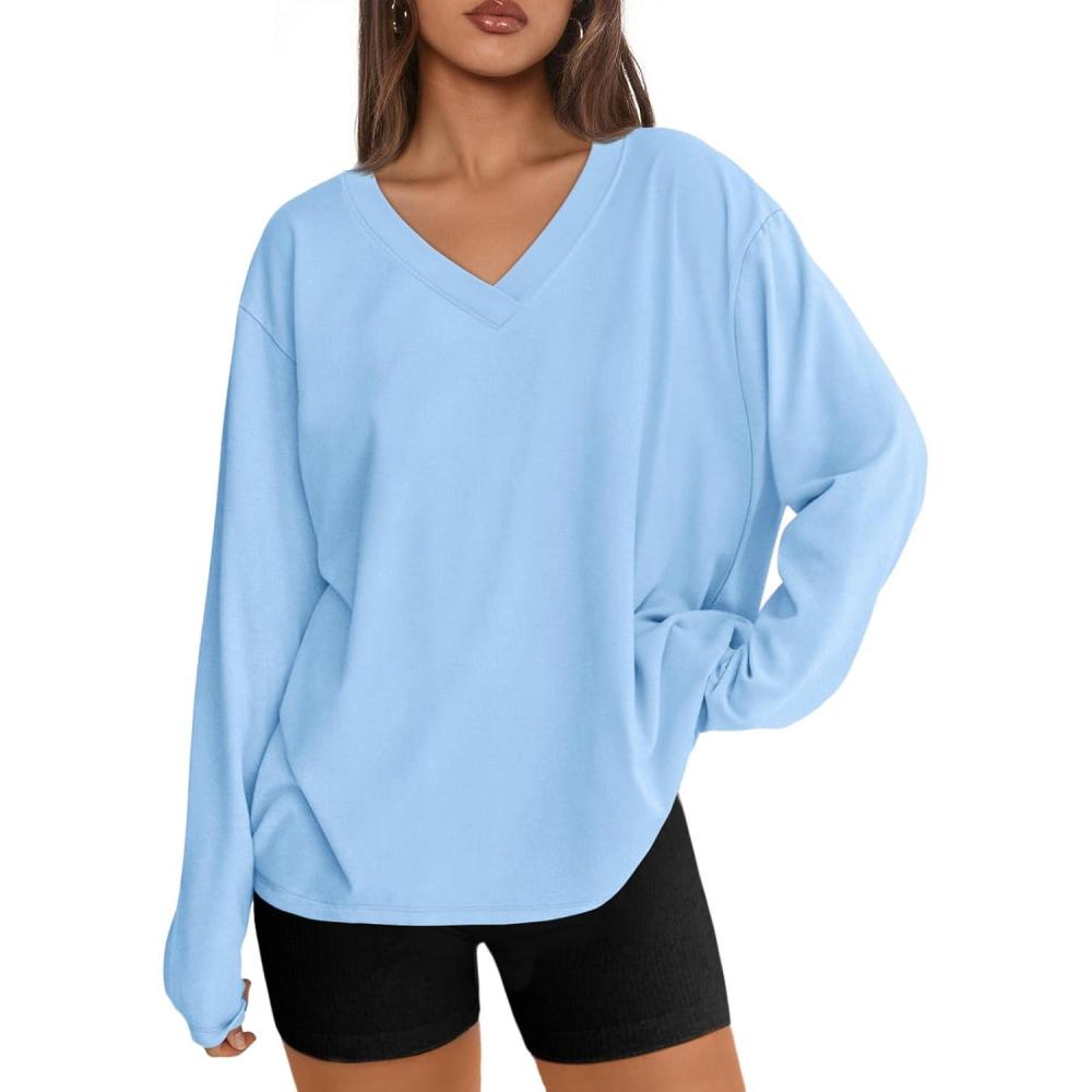 imageTrendy Queen Oversized Tshirts for Women Workout Plus Size Gym Tops V Neck Long Sleeve T Shirts Spring Casual Basic TeesSky Blue