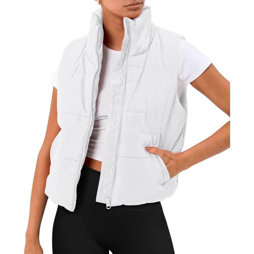 imageTrendy Queen Puffer Vest Women Sleeveless Winter Outerwear Warm Puffer Lightweight Fashion Standup Collar Down VestWhite