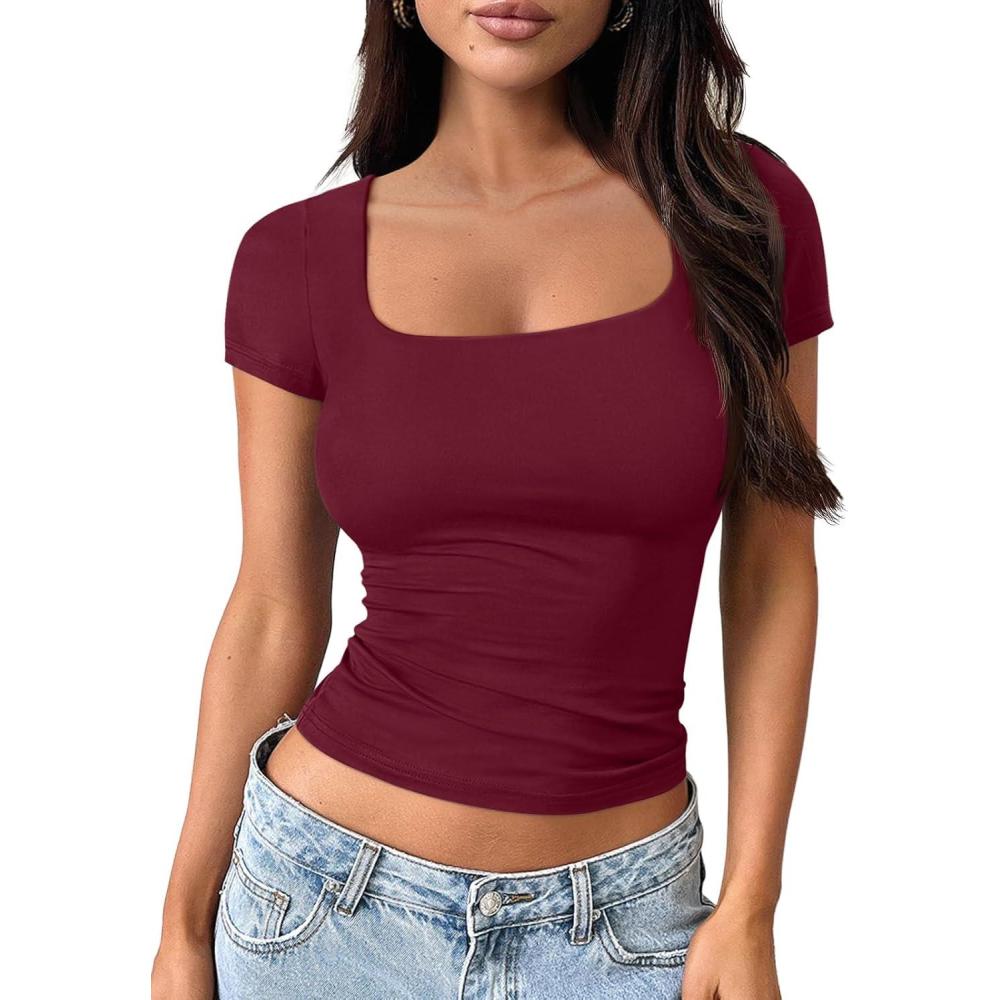 imageTrendy Queen Tshirts Shirts for Women Double Lined Going Out Crop Tops 2025 Spring Summer Workout Y2k Clothes Beach FashionBurgundy