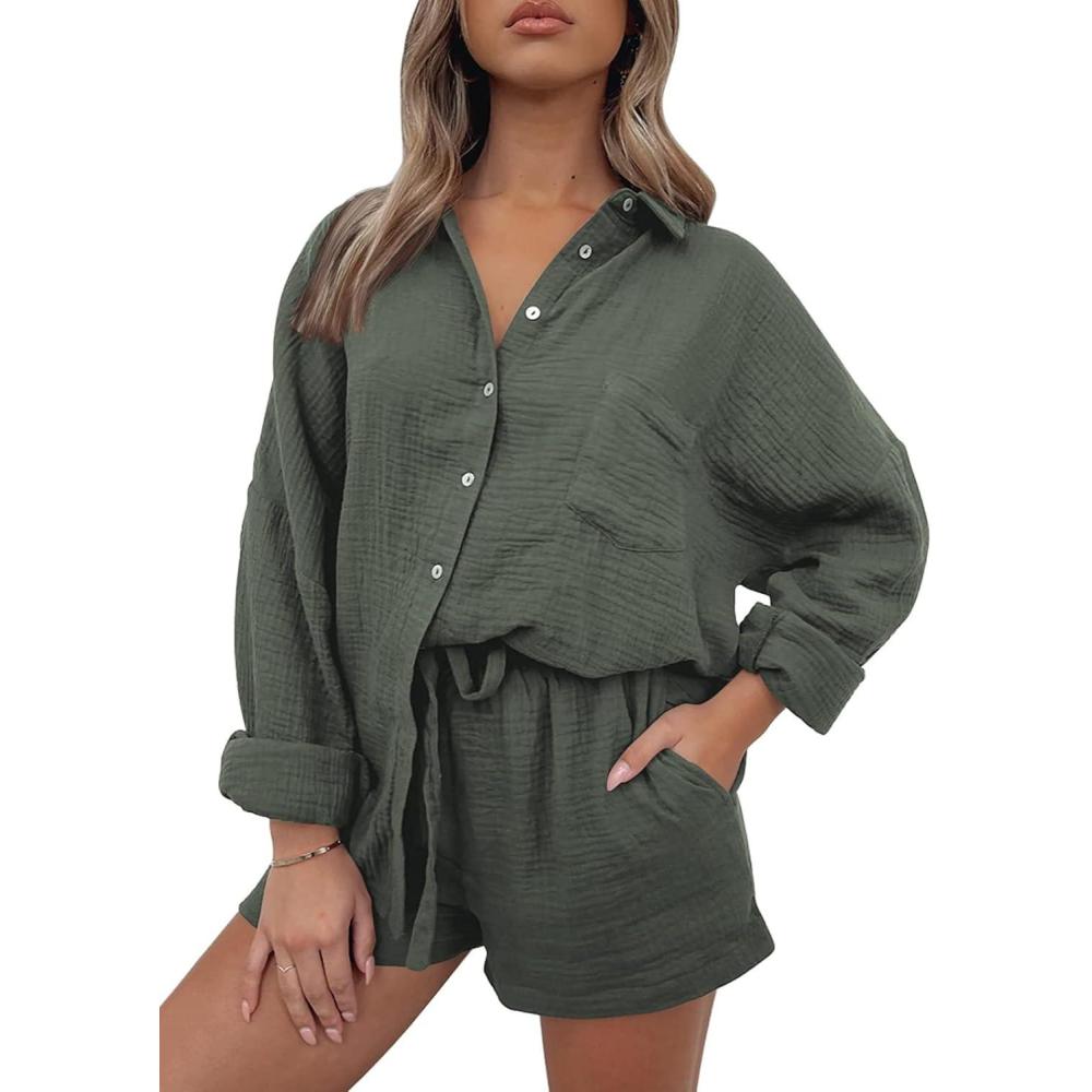imageTrendy Queen Two Piece Sets For Women Summer Short Sets Beach Vcation Lounge Pajama 2 Piece Spring Outfits Fashion 2025Armygreen