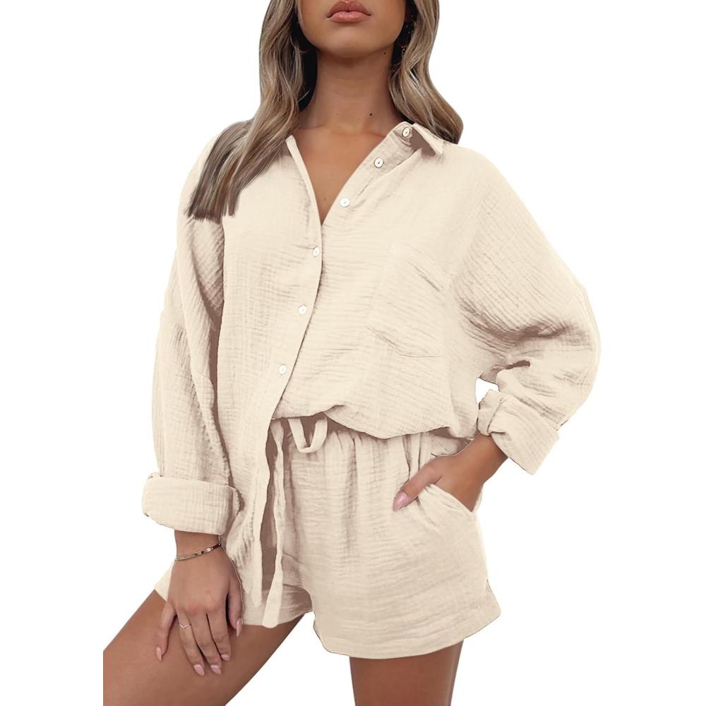 imageTrendy Queen Two Piece Sets For Women Summer Short Sets Beach Vcation Lounge Pajama 2 Piece Spring Outfits Fashion 2025Beige