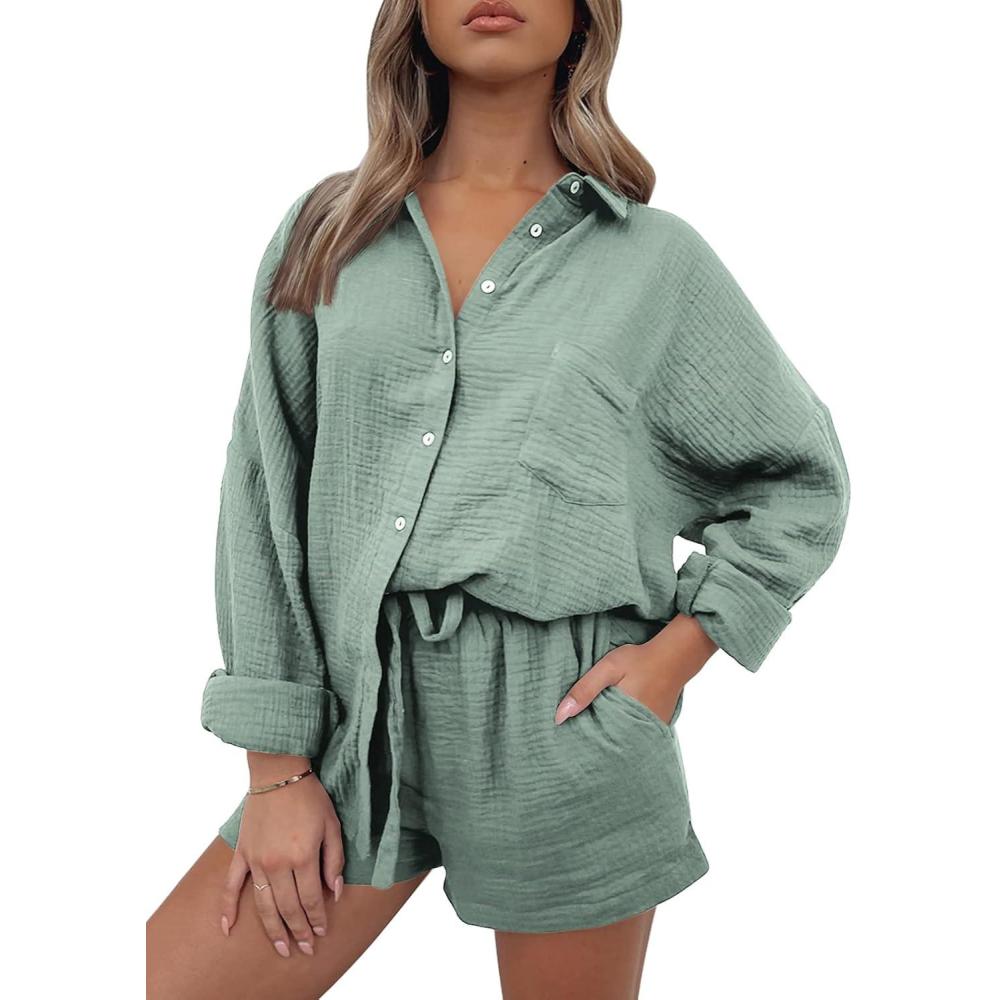 imageTrendy Queen Two Piece Sets For Women Summer Short Sets Beach Vcation Lounge Pajama 2 Piece Spring Outfits Fashion 2025Green
