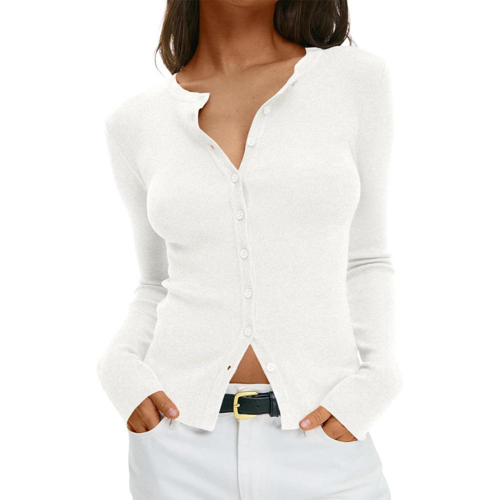 imageTrendy Queen Women Fall Lightweight Cropped Cardigan Sweater 2025 Button Up Shirt Going Out Top Y2K Cute Basic Fitted OutfitWhite