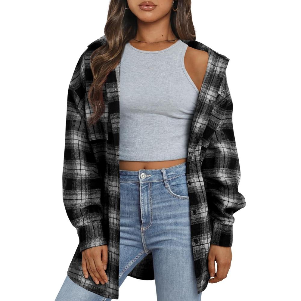 imageTrendy Queen Women Flannel Shirts Plaid Tops Fall Fashion Shackets Long Sleeve Blouse Button Down Outfits Winter Jackets 2025Black