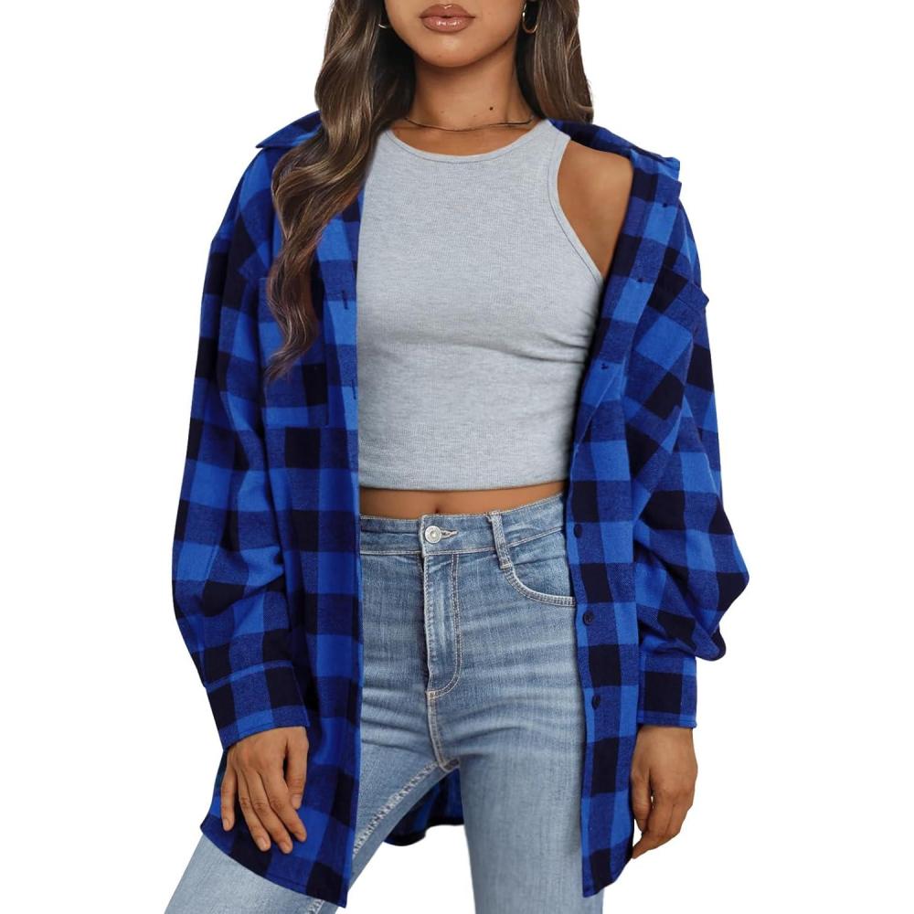 imageTrendy Queen Women Flannel Shirts Plaid Tops Fall Fashion Shackets Long Sleeve Blouse Button Down Outfits Winter Jackets 2025Blue