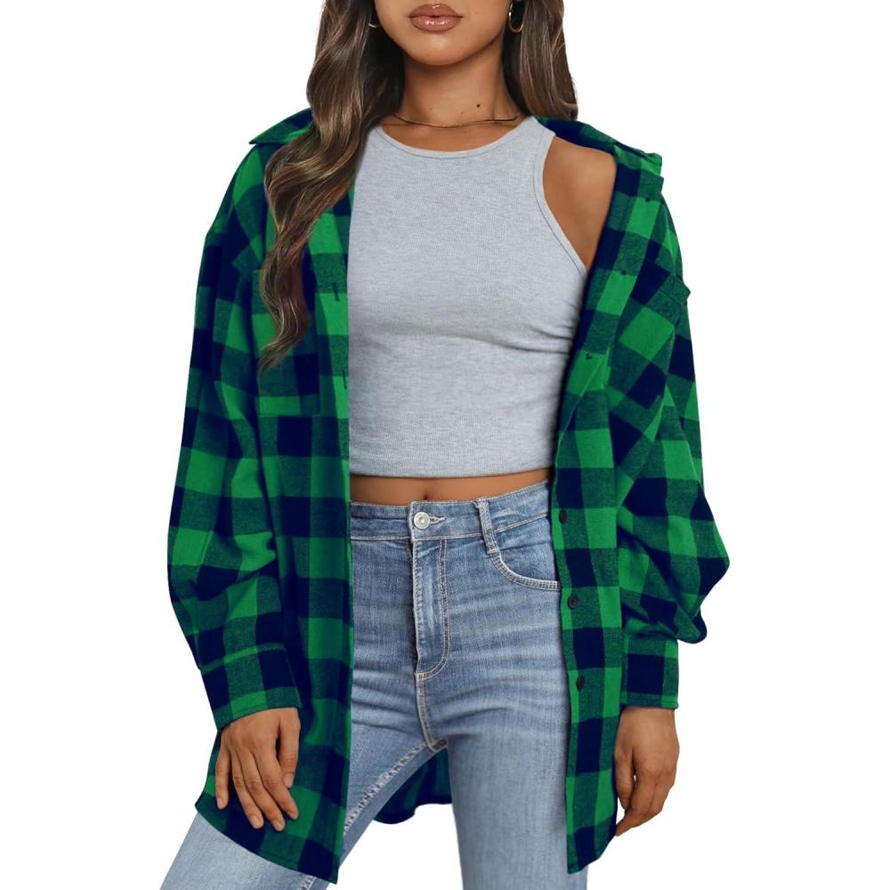 imageTrendy Queen Women Flannel Shirts Plaid Tops Fall Fashion Shackets Long Sleeve Blouse Button Down Outfits Winter Jackets 2025Green