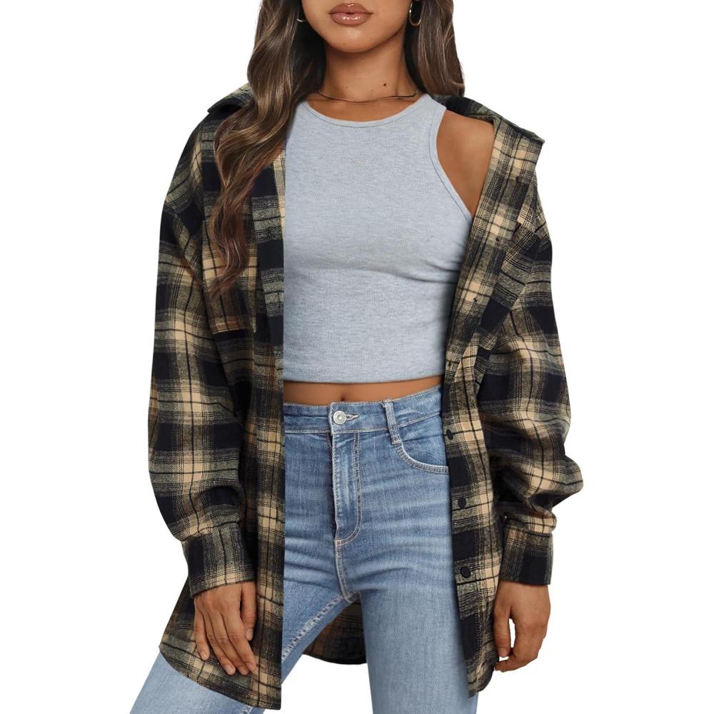 imageTrendy Queen Women Flannel Shirts Plaid Tops Fall Fashion Shackets Long Sleeve Blouse Button Down Outfits Winter Jackets 2025Khaki