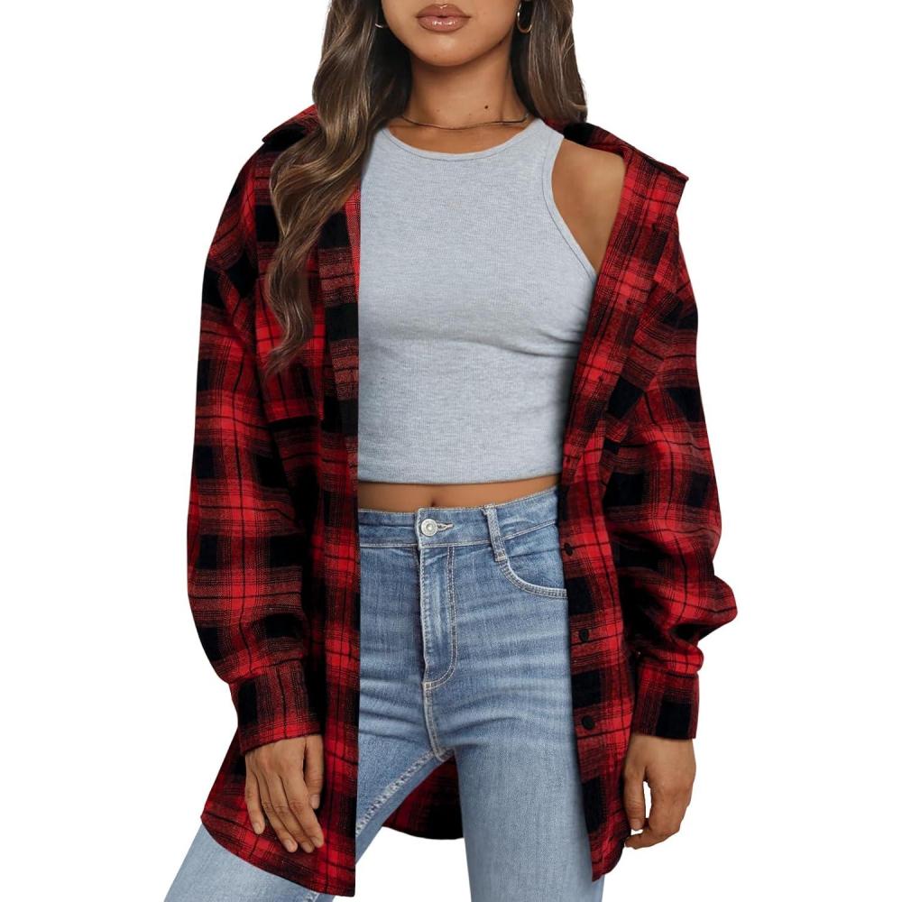 imageTrendy Queen Women Flannel Shirts Plaid Tops Fall Fashion Shackets Long Sleeve Blouse Button Down Outfits Winter Jackets 2025Red