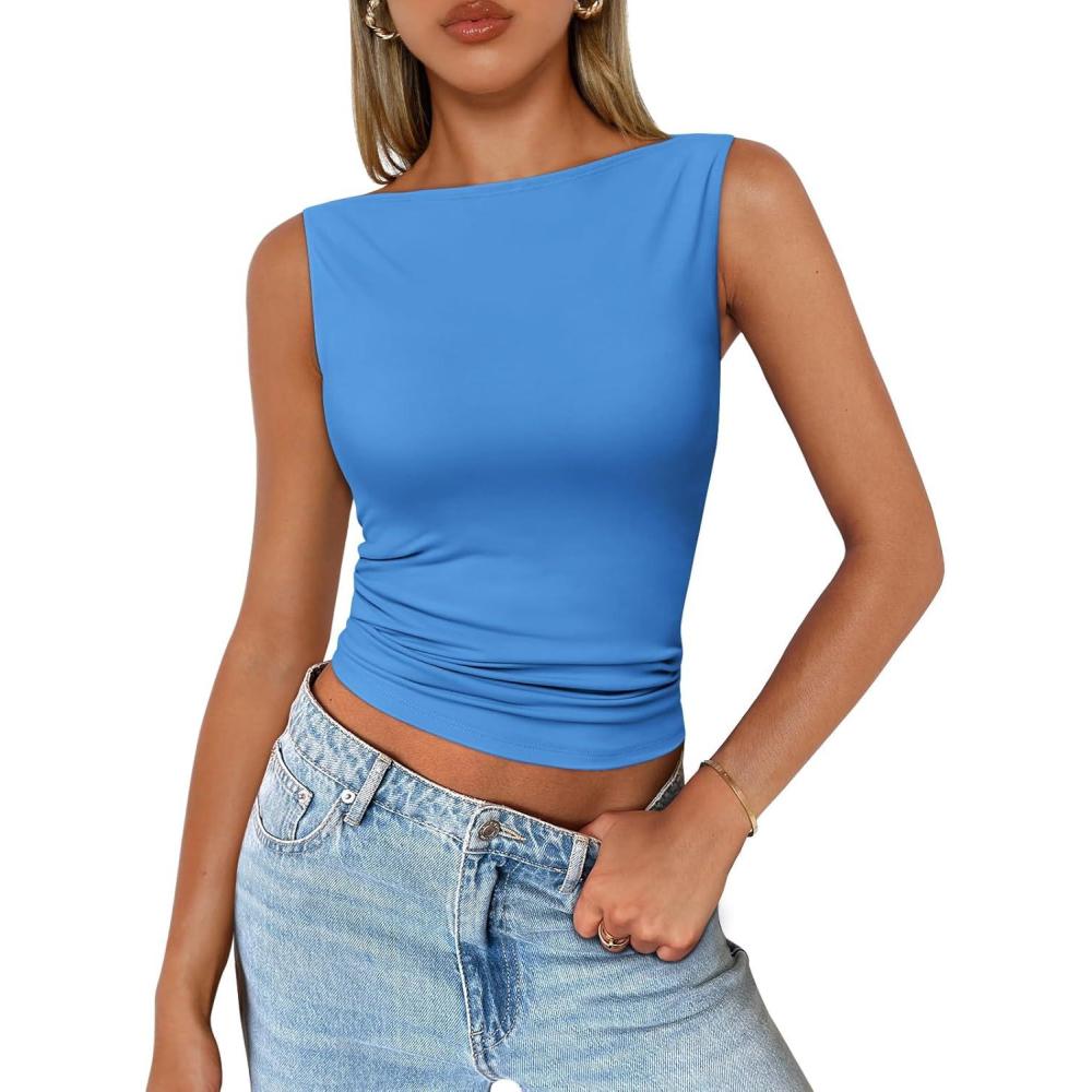 imageTrendy Queen Women Going Out Summer Tank Tops Spring Casual Basic Cute 2025 Sleeveless Shirt Vacation Fashion Outfit ClothesBlue